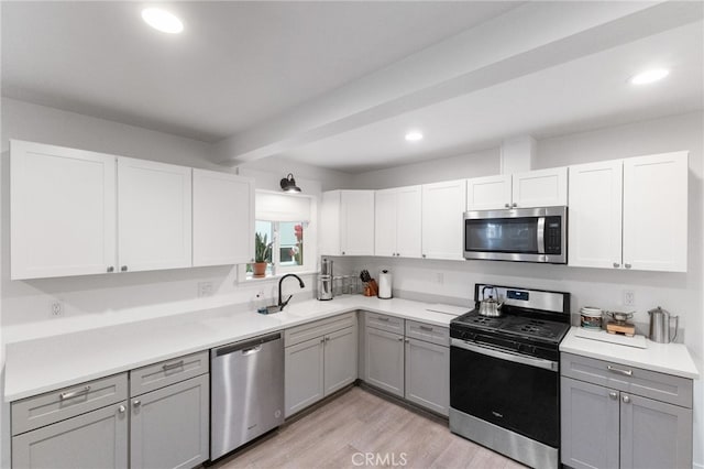 kitchen with appliances with stainless steel finishes, gray cabinetry, light wood-type flooring, and white cabinetry