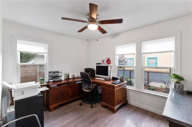 office area featuring dark hardwood / wood-style floors, ceiling fan, and plenty of natural light