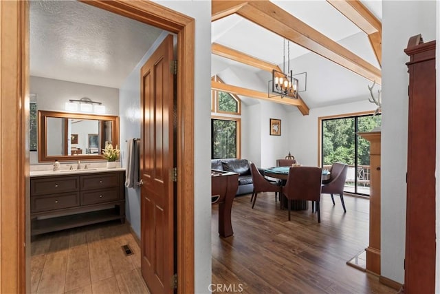 interior space featuring dark hardwood / wood-style flooring, vaulted ceiling, a wealth of natural light, and sink