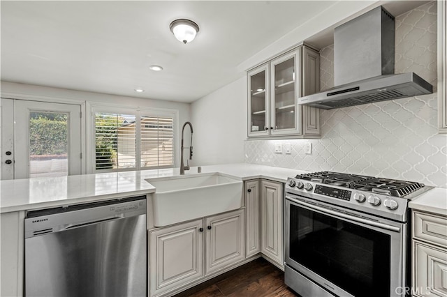 kitchen featuring sink, wall chimney exhaust hood, backsplash, dark wood-type flooring, and stainless steel appliances