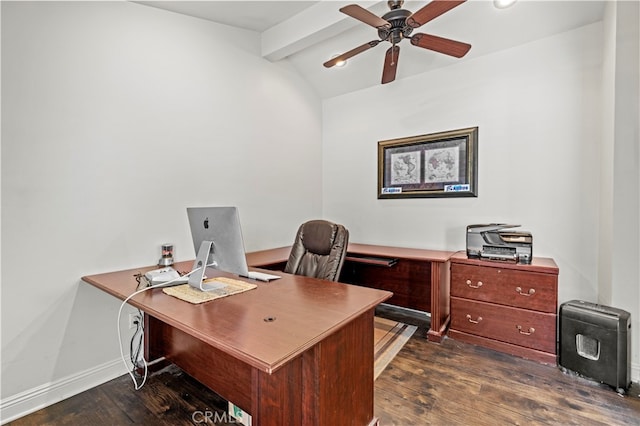 office area with vaulted ceiling with beams, dark hardwood / wood-style floors, and ceiling fan