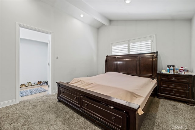 bedroom featuring carpet floors and lofted ceiling with beams