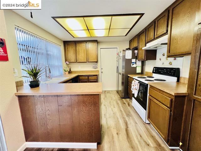 kitchen featuring sink, kitchen peninsula, stainless steel refrigerator, white range with electric cooktop, and light wood-type flooring