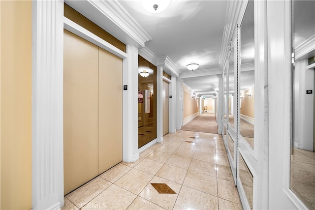 hallway featuring ornamental molding, elevator, and light tile patterned floors