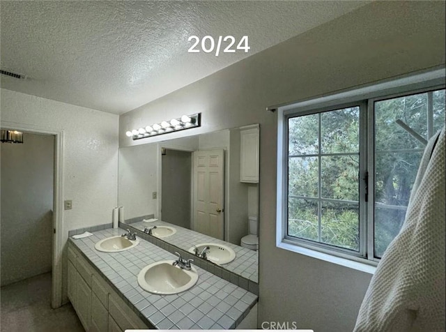 bathroom with vanity, a textured ceiling, and toilet