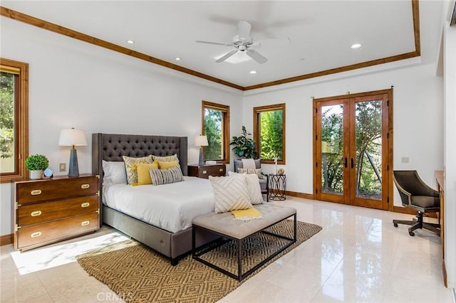 tiled bedroom featuring crown molding, access to exterior, ceiling fan, and french doors