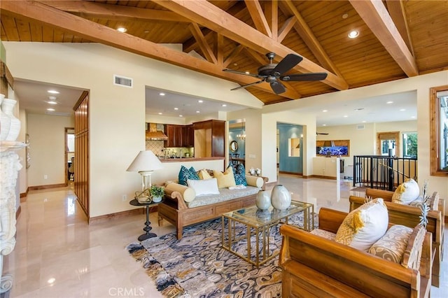 living room with beamed ceiling, wooden ceiling, high vaulted ceiling, ceiling fan, and light tile patterned flooring