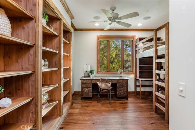 office space with ceiling fan, crown molding, and dark hardwood / wood-style flooring