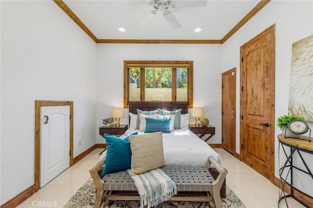 tiled bedroom with ceiling fan and crown molding