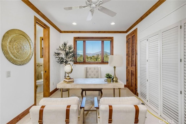 office with ceiling fan and crown molding