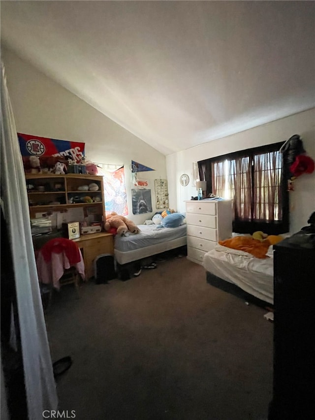 bedroom with carpet floors and vaulted ceiling