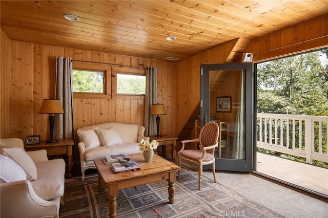 sunroom / solarium with wooden ceiling and vaulted ceiling