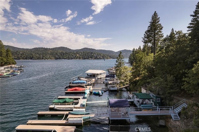 view of dock with a water and mountain view