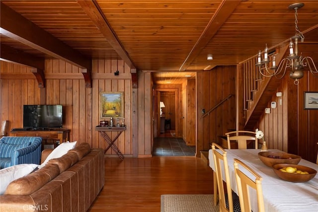 living room featuring hardwood / wood-style flooring, wood walls, wood ceiling, and beamed ceiling