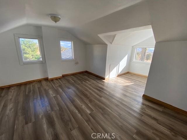 additional living space featuring lofted ceiling, a healthy amount of sunlight, and dark wood-type flooring