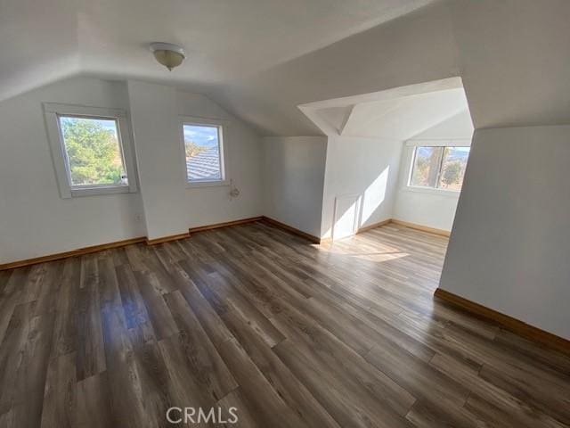 bonus room featuring dark wood-type flooring, lofted ceiling, and a healthy amount of sunlight