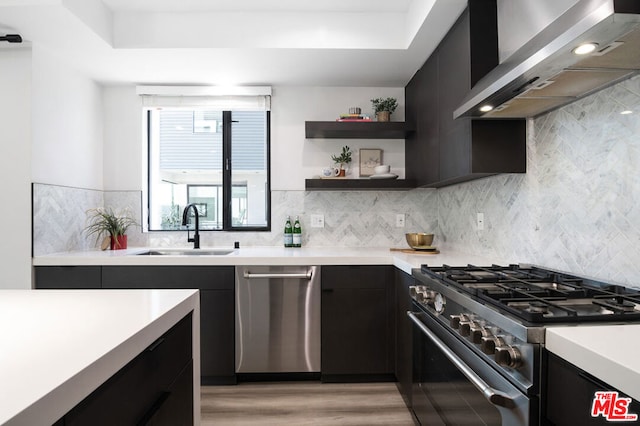 kitchen with decorative backsplash, appliances with stainless steel finishes, sink, wall chimney range hood, and light hardwood / wood-style flooring