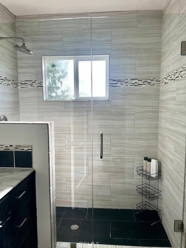 bathroom with vanity and a shower with shower door