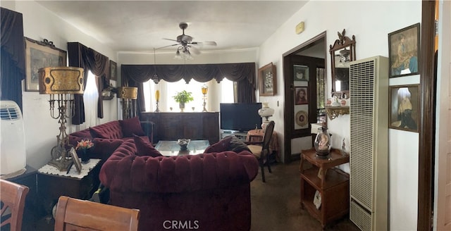 living room featuring ceiling fan