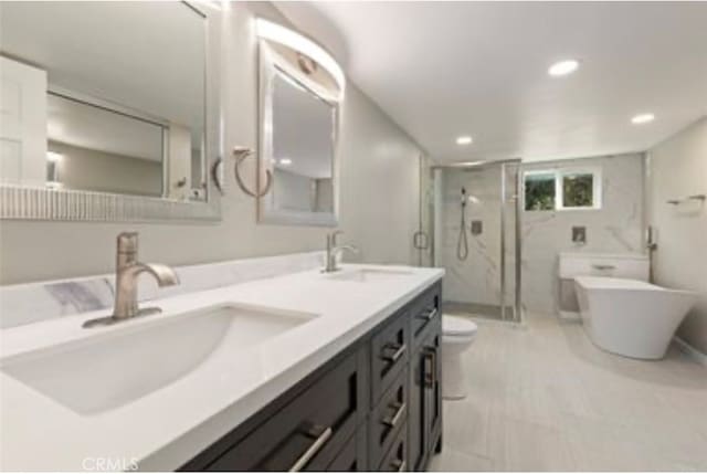 bathroom with double vanity, a marble finish shower, toilet, and a sink