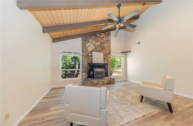 living room with lofted ceiling with beams, light hardwood / wood-style floors, a wood stove, and plenty of natural light