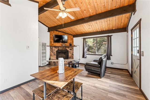 living room featuring ceiling fan, wood-type flooring, lofted ceiling with beams, wooden ceiling, and a fireplace