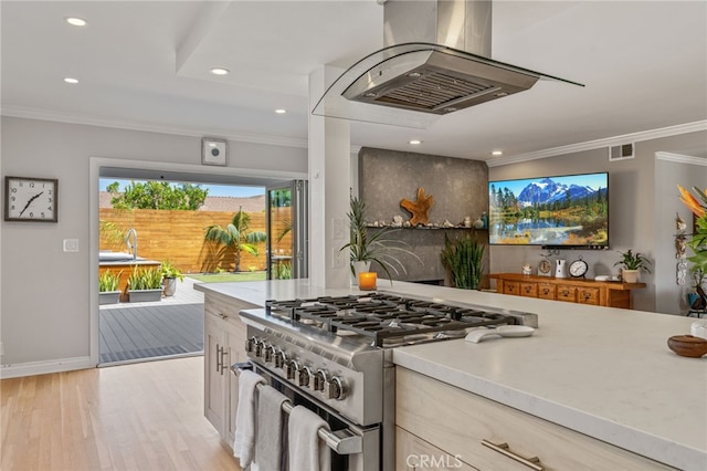 kitchen with island exhaust hood, light brown cabinetry, light wood-type flooring, ornamental molding, and high end stainless steel range oven