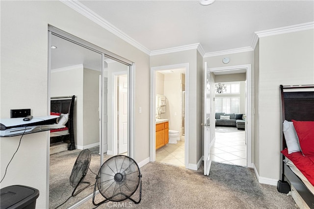 interior space featuring crown molding and light tile patterned floors