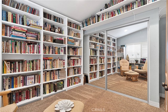 sitting room featuring carpet and lofted ceiling