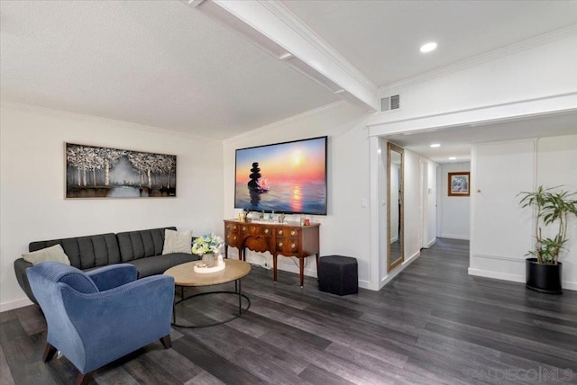 living room with ornamental molding, dark wood-type flooring, and beamed ceiling