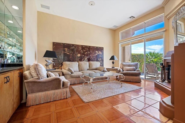 living room featuring light tile patterned floors