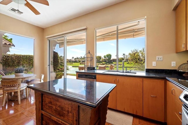 kitchen with a wealth of natural light, dark stone countertops, stainless steel dishwasher, and ceiling fan