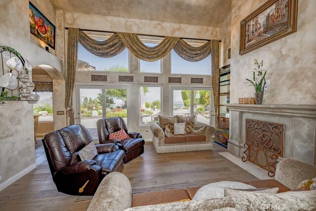 living room with a towering ceiling, hardwood / wood-style floors, and a fireplace