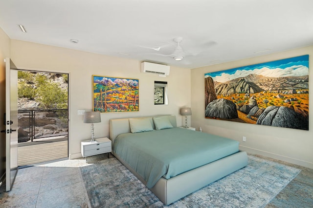 bedroom featuring tile patterned floors, ceiling fan, and a wall mounted air conditioner