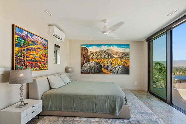 tiled bedroom with ceiling fan, a wall of windows, an AC wall unit, and access to exterior