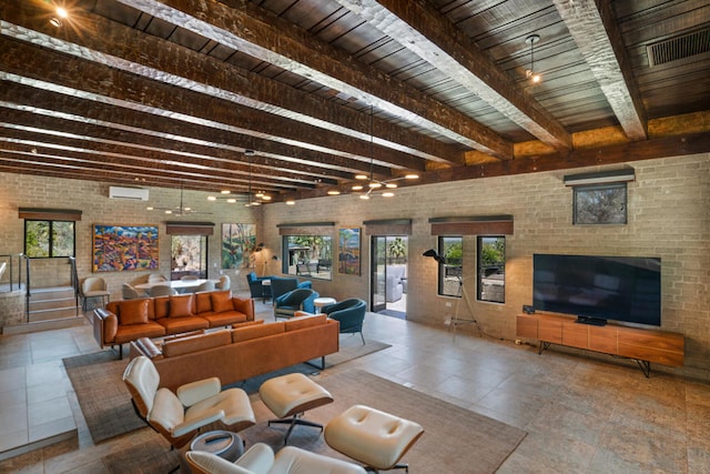 living room featuring wood ceiling, brick wall, light tile patterned flooring, and beam ceiling