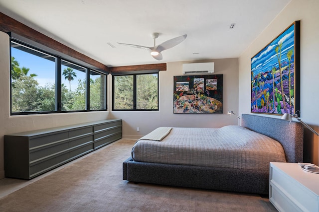 carpeted bedroom featuring ceiling fan and a wall unit AC