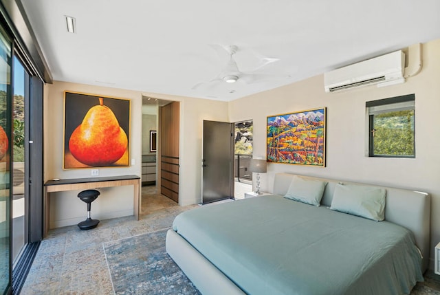 tiled bedroom with ceiling fan and a wall mounted air conditioner