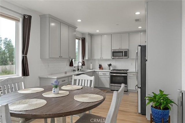 kitchen featuring appliances with stainless steel finishes, light wood-type flooring, backsplash, gray cabinetry, and sink