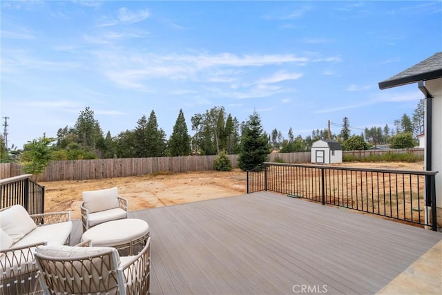 wooden deck featuring a storage unit