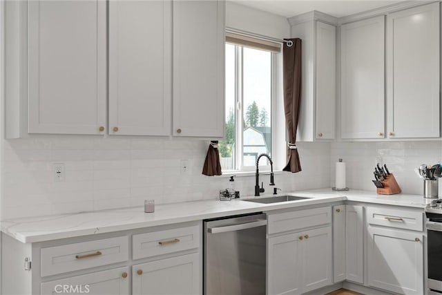 kitchen with white cabinets, backsplash, stainless steel dishwasher, and sink