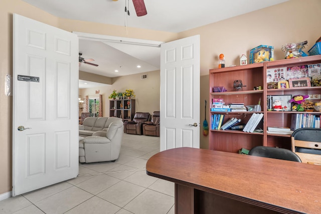 office area with ceiling fan and light tile patterned flooring