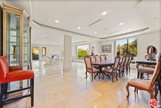 dining area with a raised ceiling