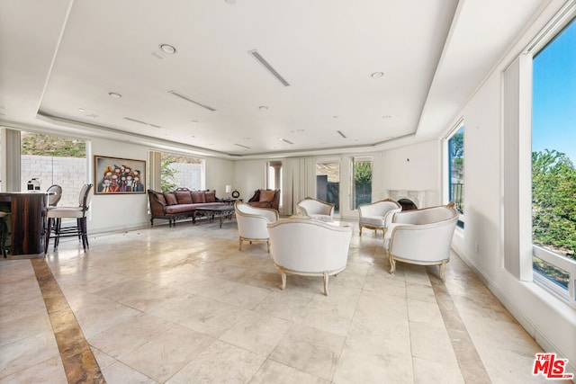 living room featuring a tray ceiling