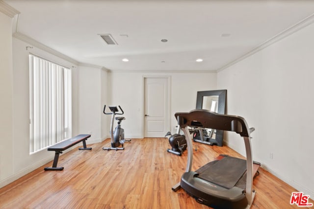 exercise area featuring light wood-type flooring and ornamental molding