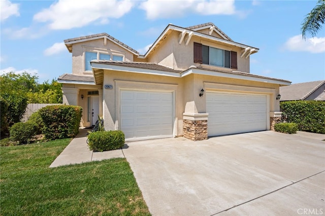 view of front of property featuring stucco siding, concrete driveway, an attached garage, a front yard, and stone siding