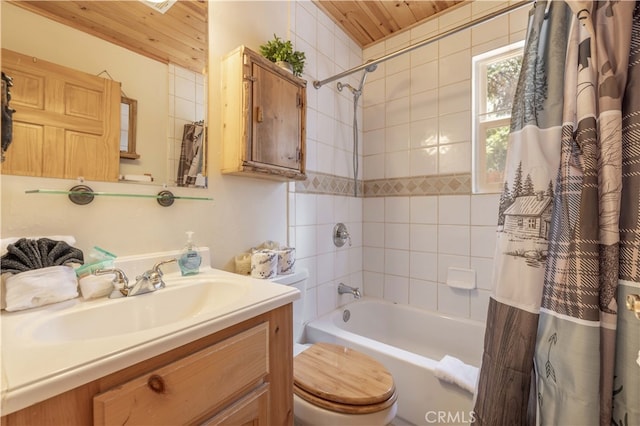 full bathroom with shower / bath combination with curtain, wooden ceiling, vanity, and toilet