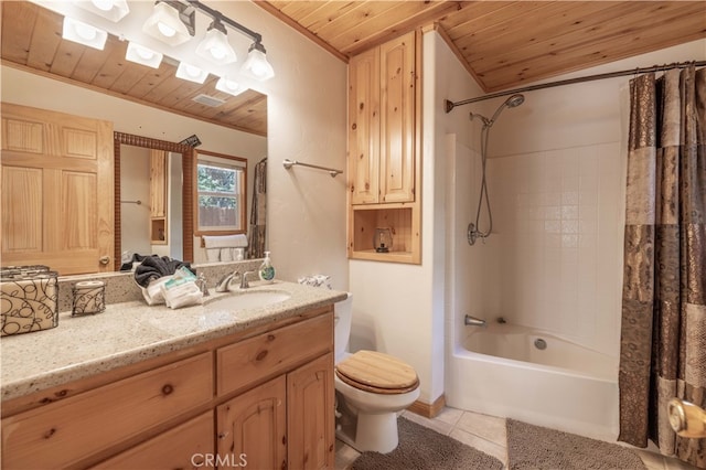 full bathroom with vanity, wood ceiling, toilet, shower / bathtub combination with curtain, and tile patterned flooring