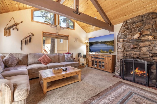 living room featuring beam ceiling, high vaulted ceiling, wooden ceiling, carpet floors, and a fireplace