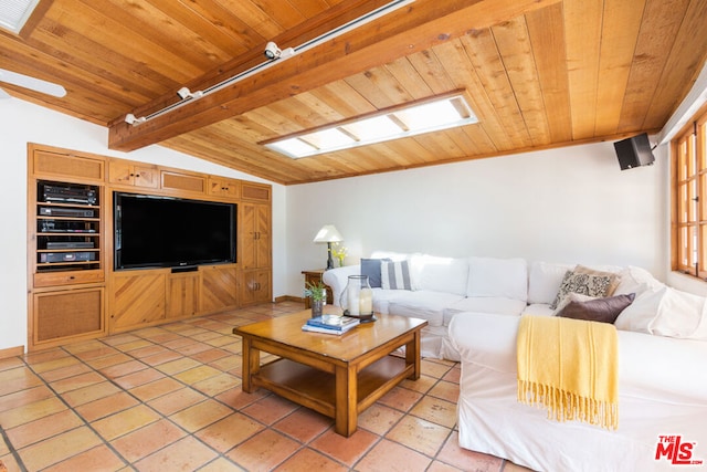 tiled living room featuring lofted ceiling with beams and wooden ceiling